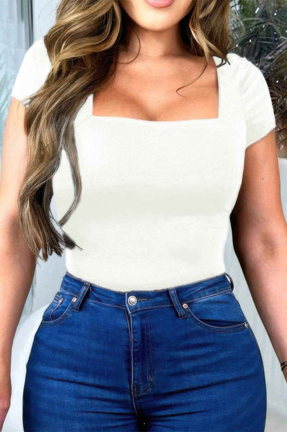 Square Neck Fit Elastic Short Sleeves Shirt