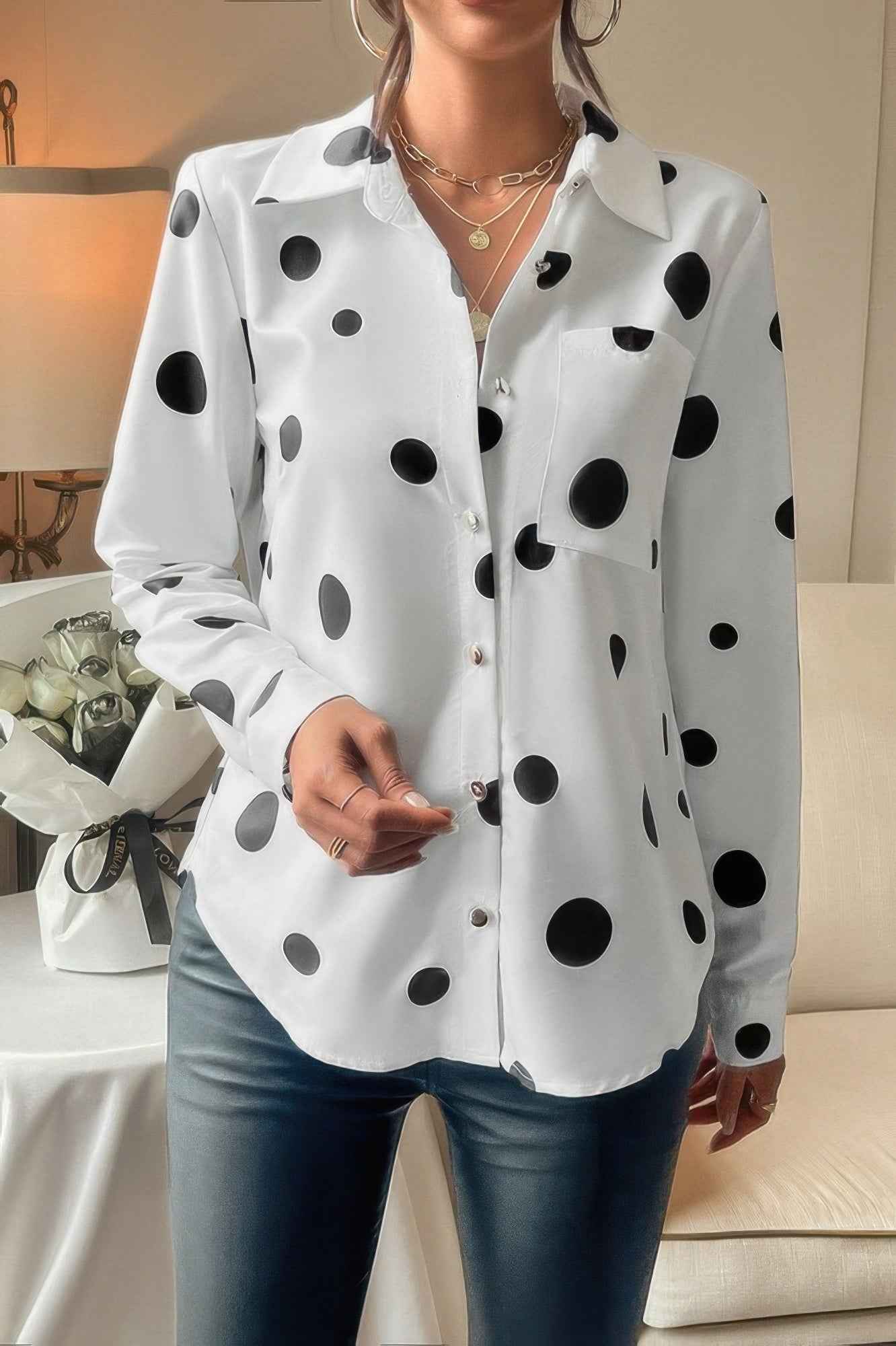 Dot Print Pocket Drop Shoulder Button Blouse