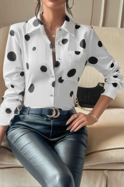 Dot Print Pocket Drop Shoulder Button Blouse