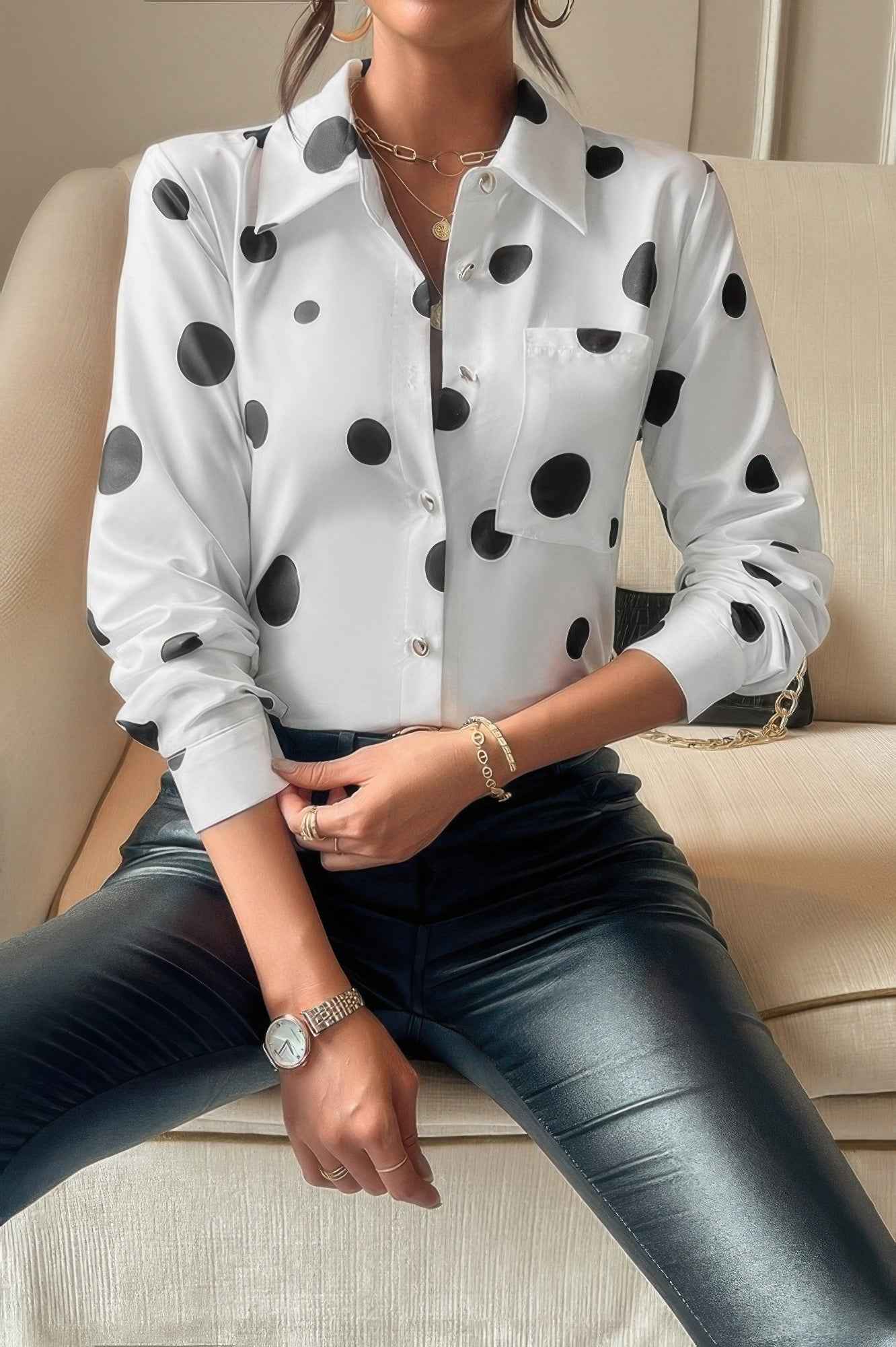 Dot Print Pocket Drop Shoulder Button Blouse