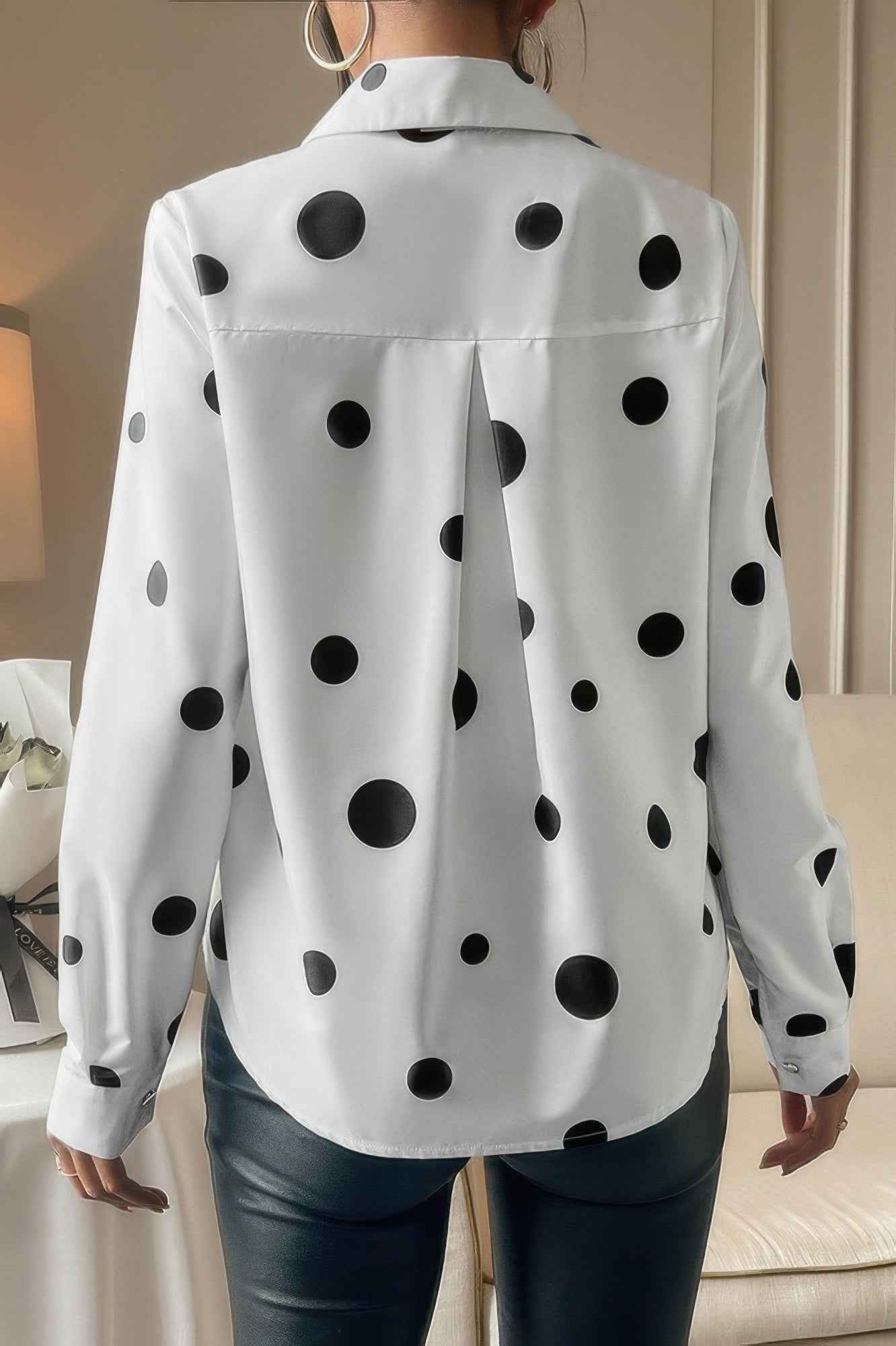 Dot Print Pocket Drop Shoulder Button Blouse