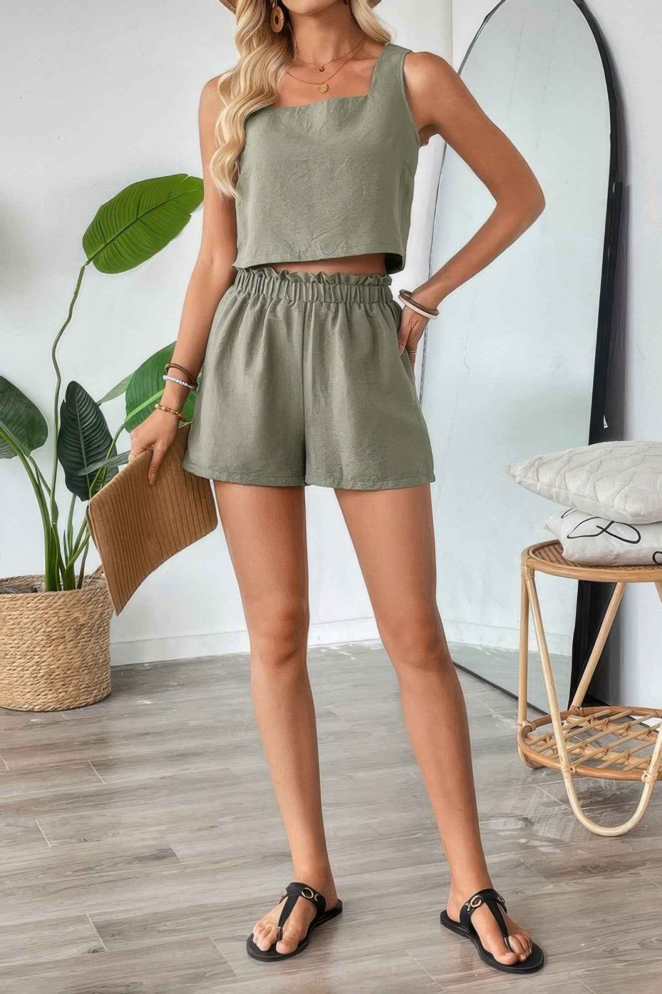 Two Pieces Solid Square Neck Elastic Waist Sets