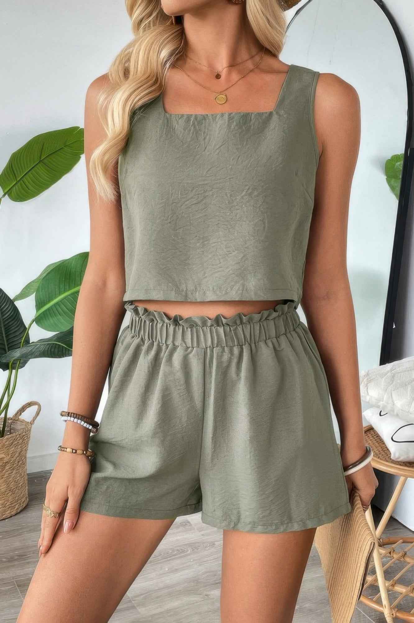 Two Pieces Solid Square Neck Elastic Waist Sets