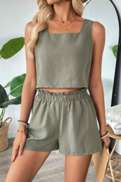 Two Pieces Solid Square Neck Elastic Waist Sets