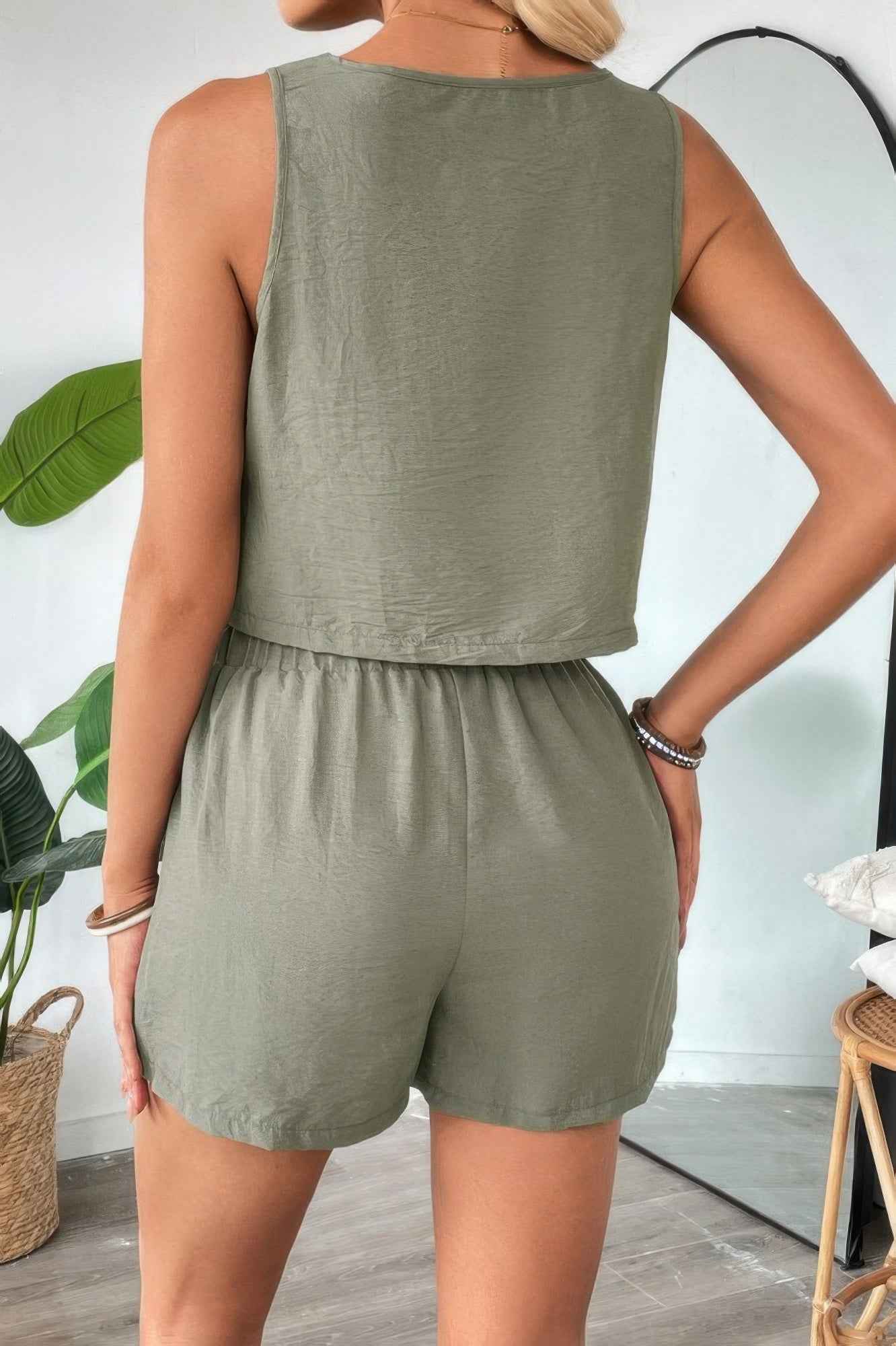 Two Pieces Solid Square Neck Elastic Waist Sets