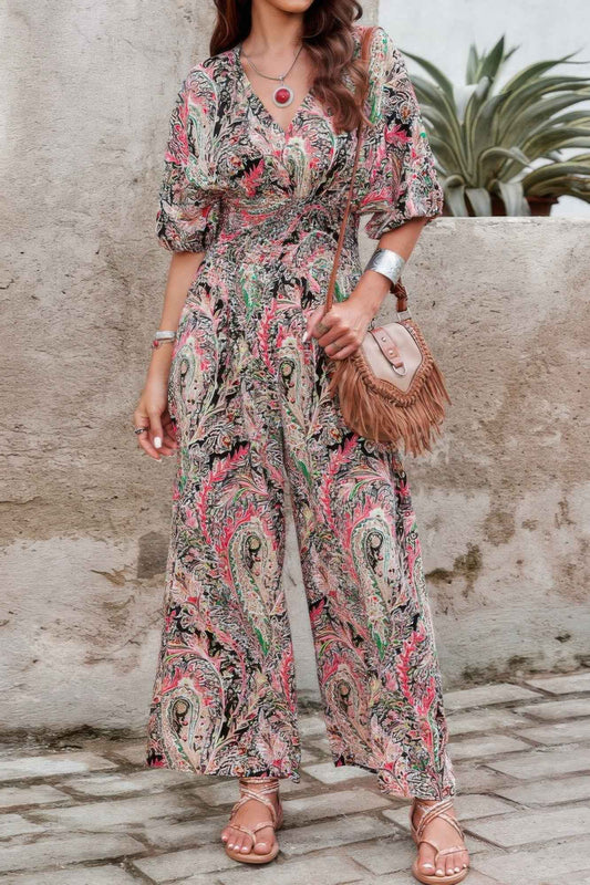 Boho Print Short Sleeve Shirred Waist Fit Jumpsuit