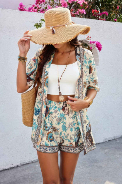 Two Pieces Allover Print Shirt And Short Sets