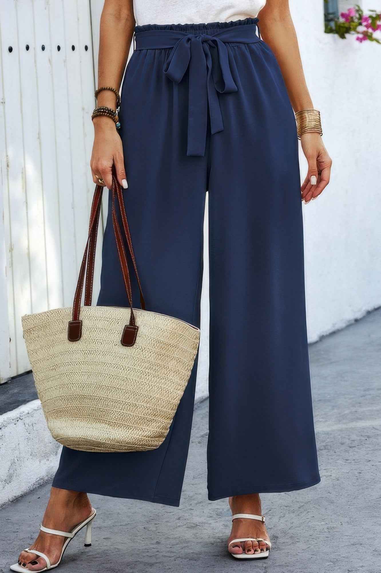 Elastic Waist Belt Pockets Wide Leg Pant