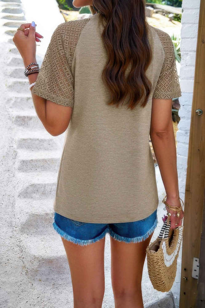 Ruched Solid Hollow Out Sleeves Round Neck Fit Top