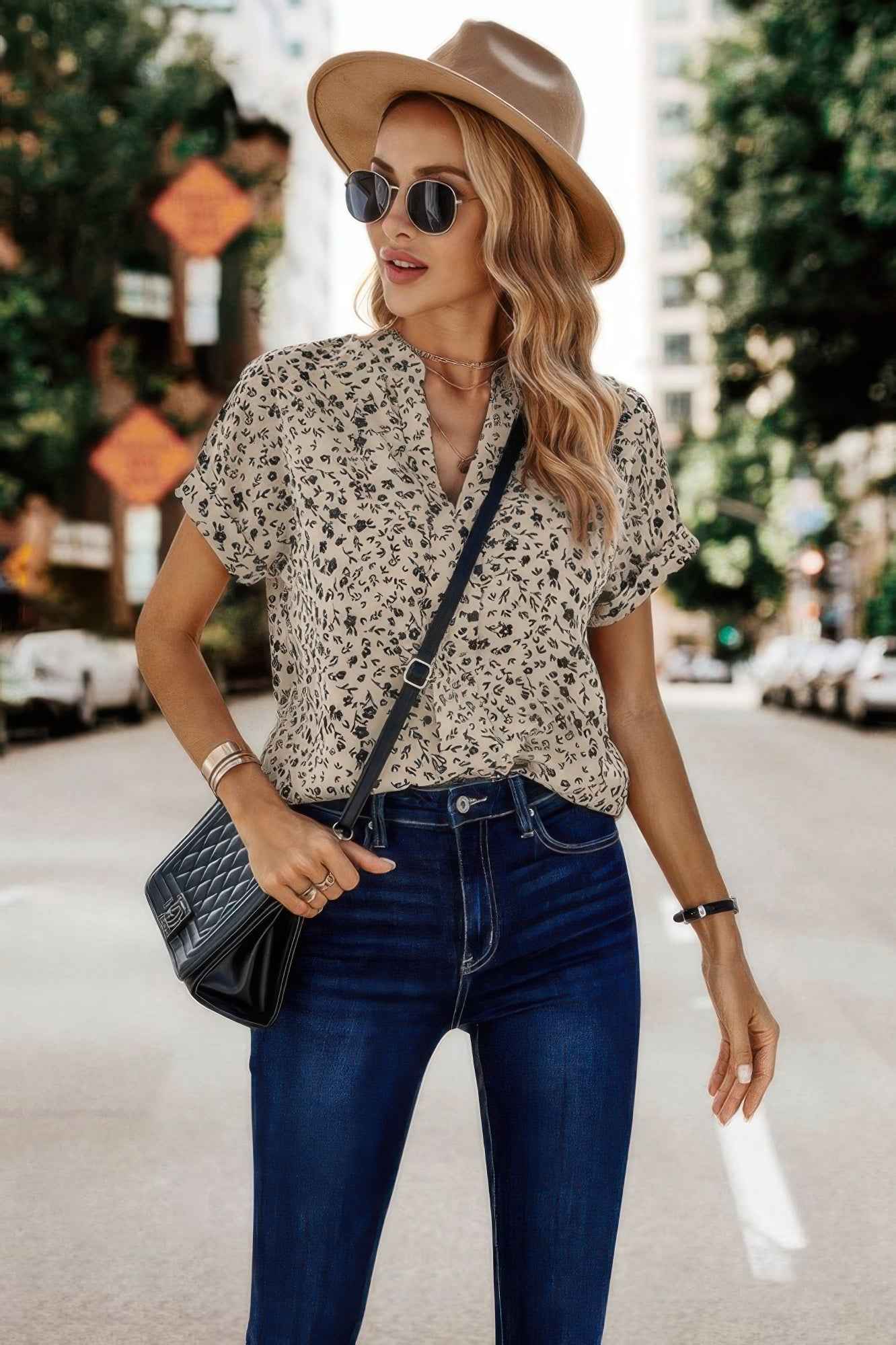 Floral Print V Neck Loose Fit Blouse