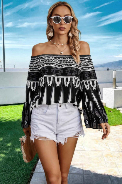 Graphic Print Butterfly Sleeves Off Shoulder Top