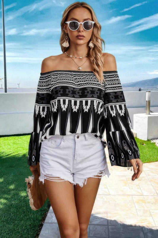 Graphic Print Butterfly Sleeves Off Shoulder Top