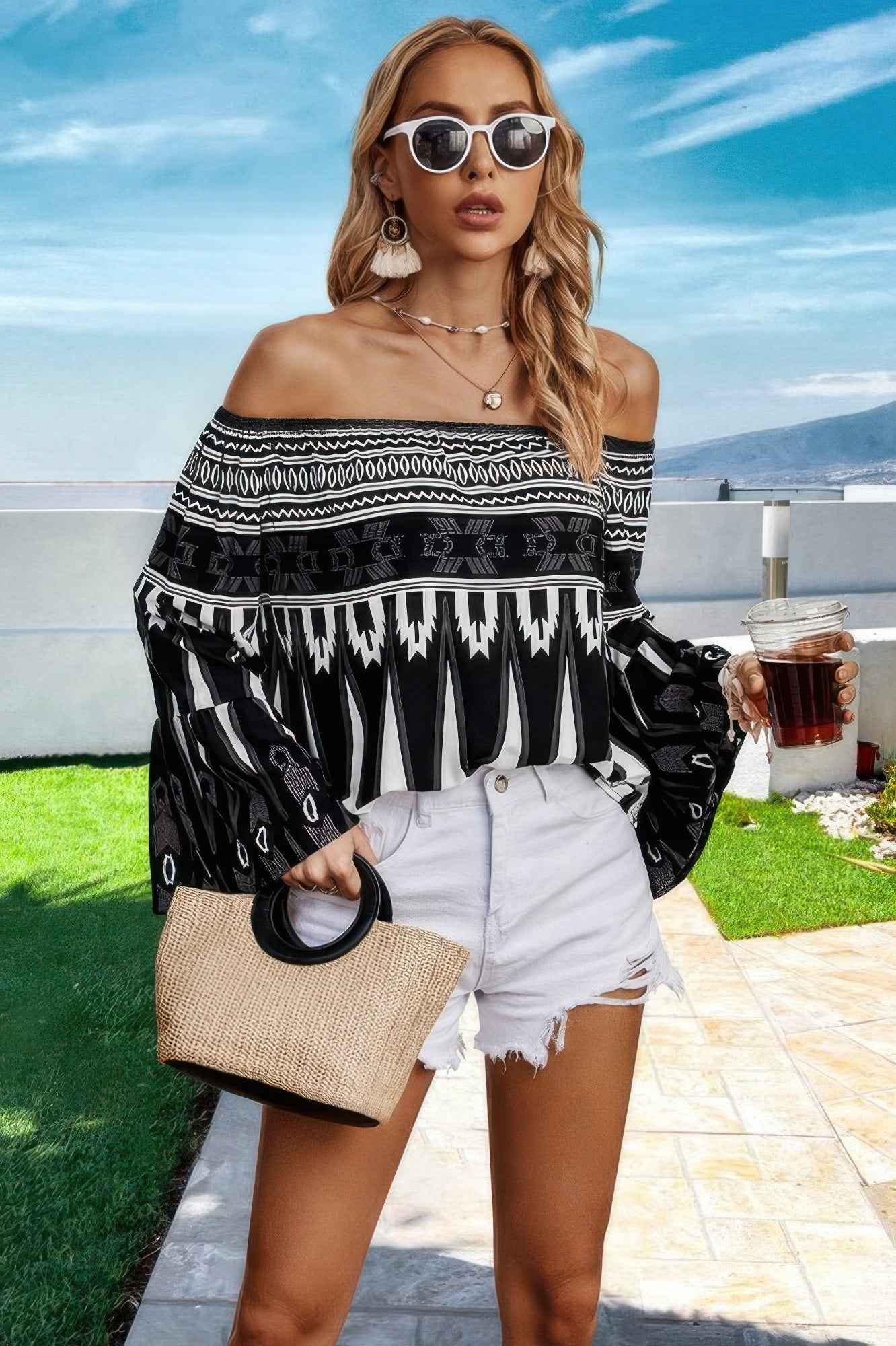 Graphic Print Butterfly Sleeves Off Shoulder Top