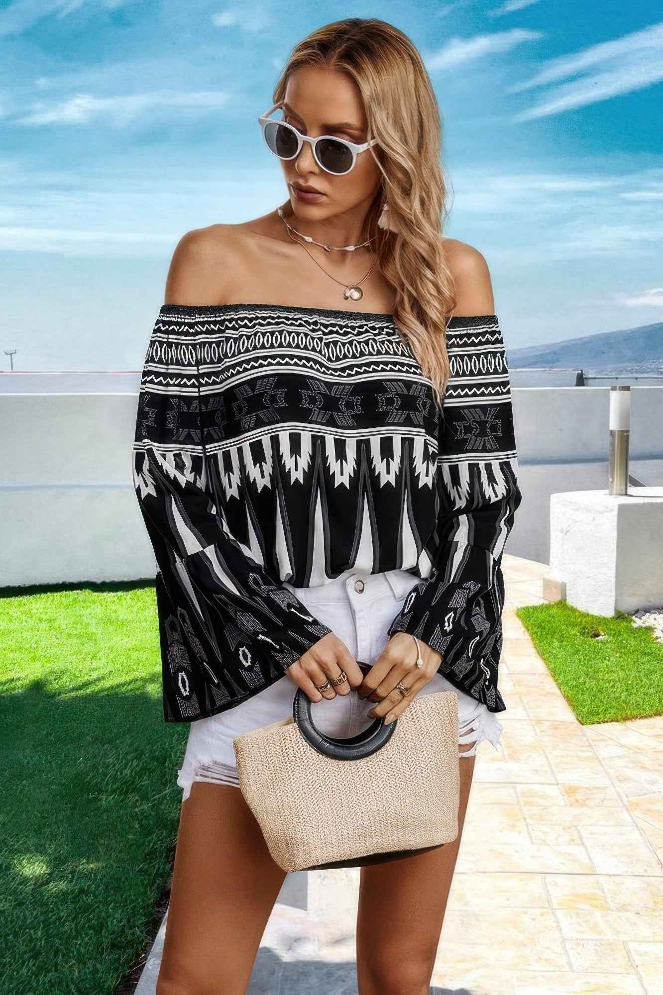 Graphic Print Butterfly Sleeves Off Shoulder Top