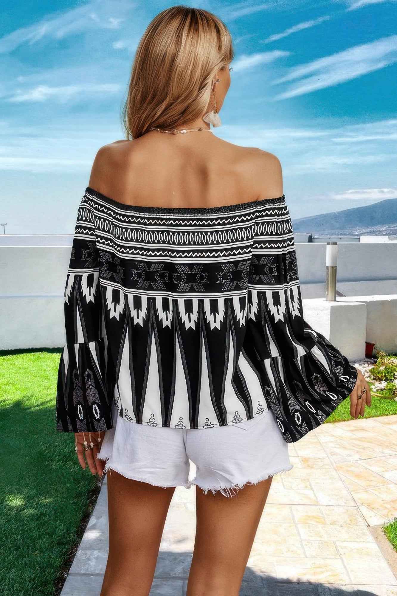 Graphic Print Butterfly Sleeves Off Shoulder Top