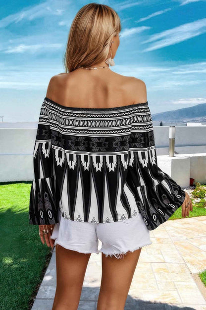 Graphic Print Butterfly Sleeves Off Shoulder Top