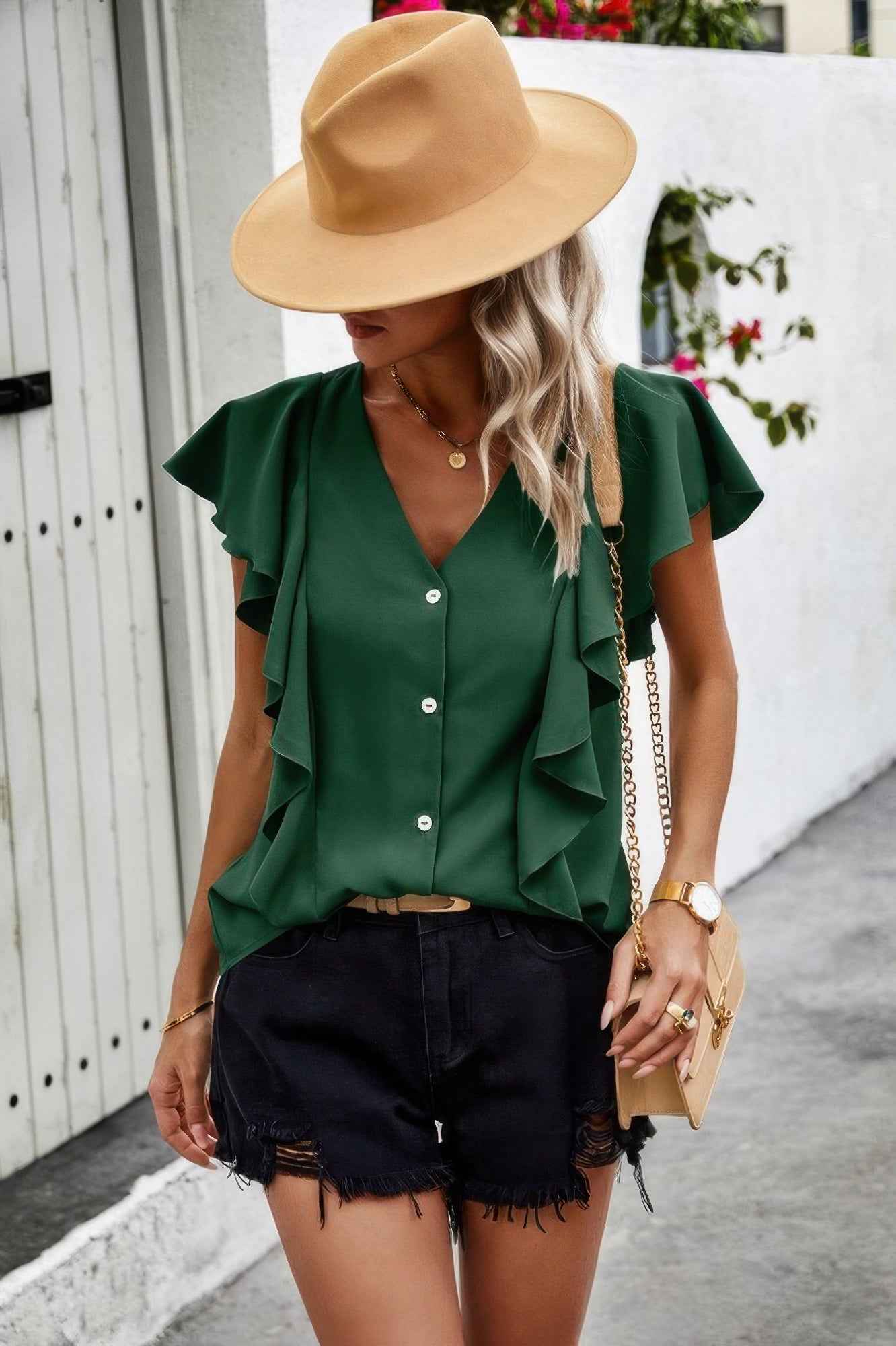 Solid Button Ruffle V Neck Fit Blouse
