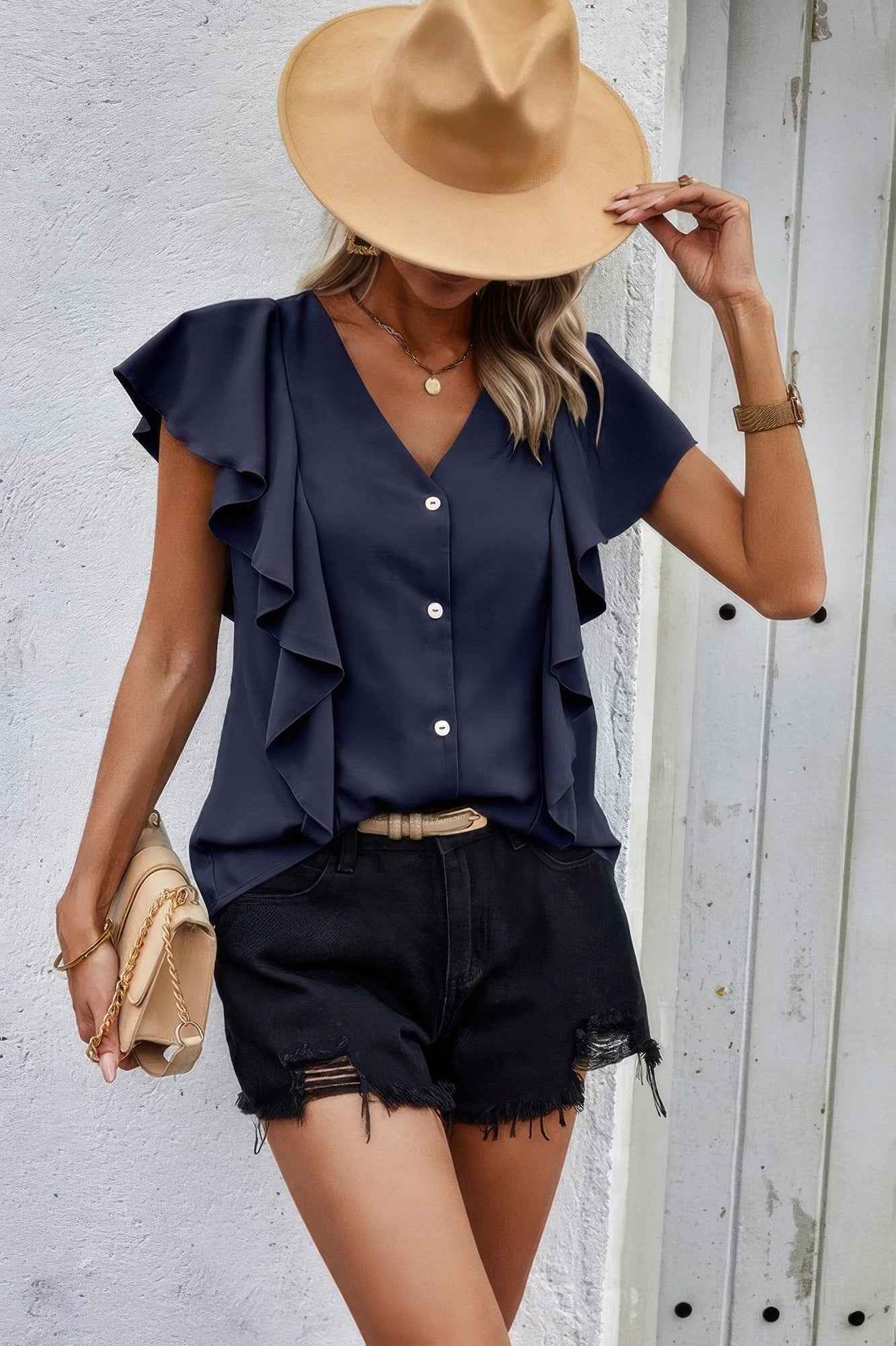 Solid Button Ruffle V Neck Fit Blouse