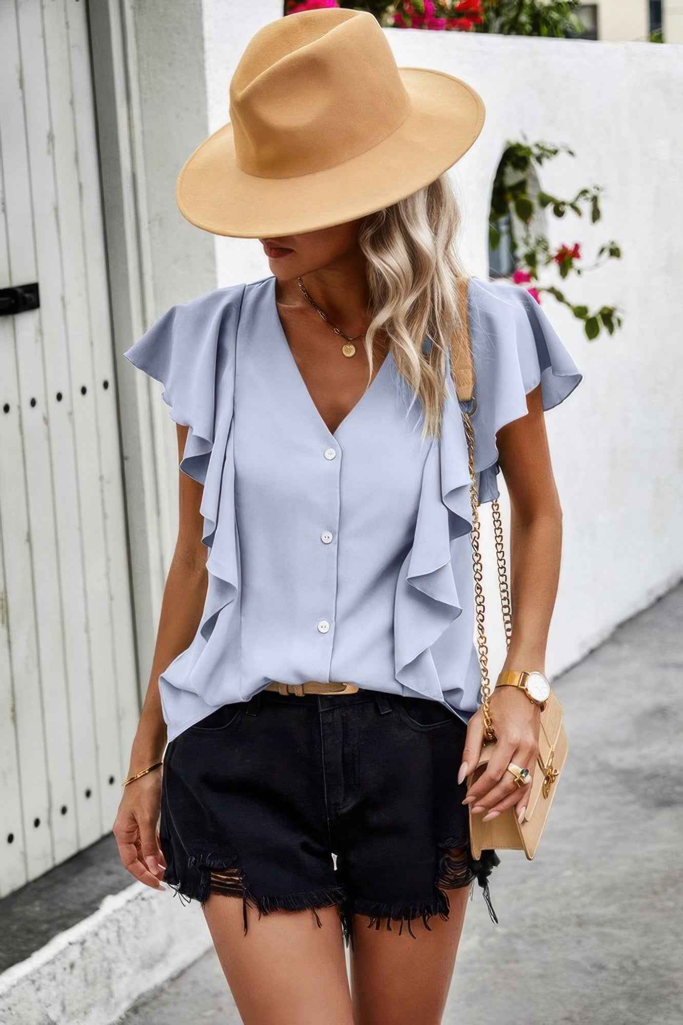 Solid Button Ruffle V Neck Fit Blouse