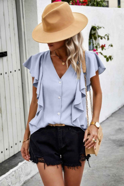 Solid Button Ruffle V Neck Fit Blouse