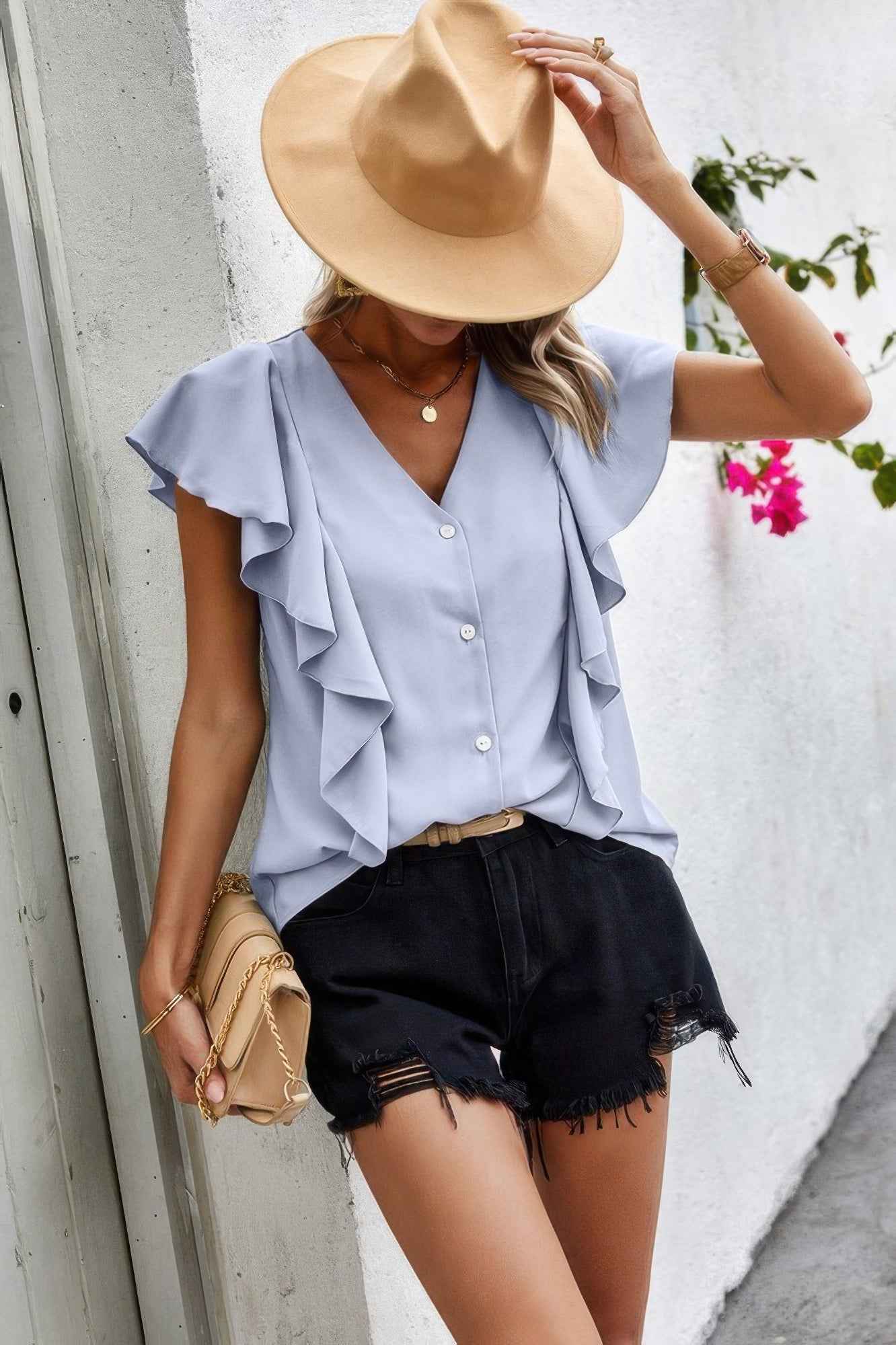 Solid Button Ruffle V Neck Fit Blouse