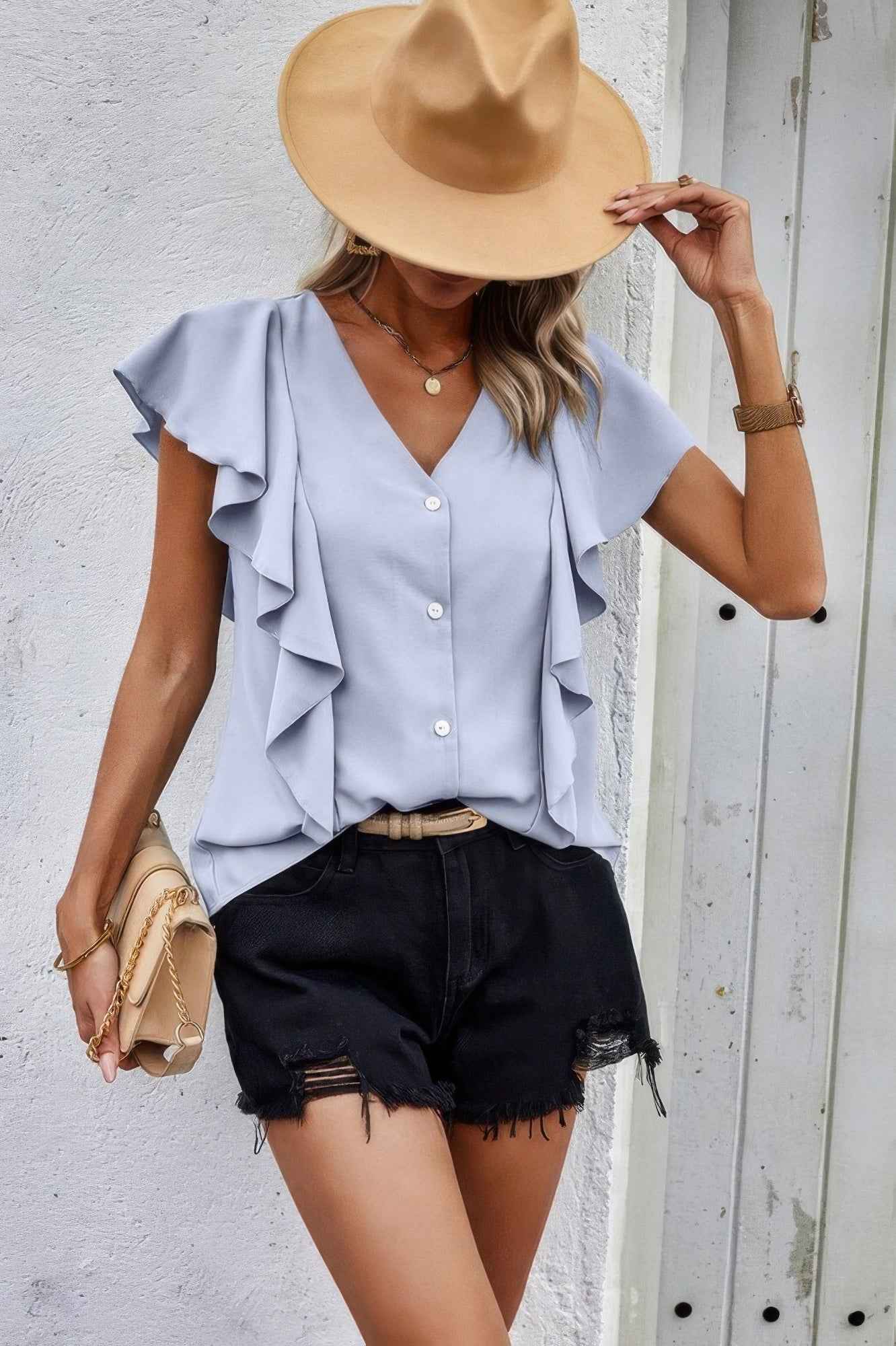 Solid Button Ruffle V Neck Fit Blouse