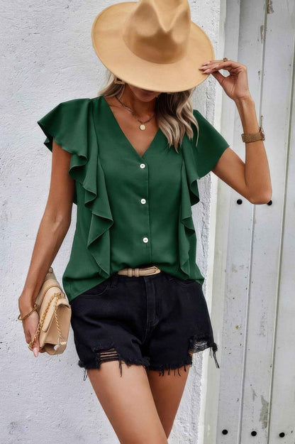 Solid Button Ruffle V Neck Fit Blouse