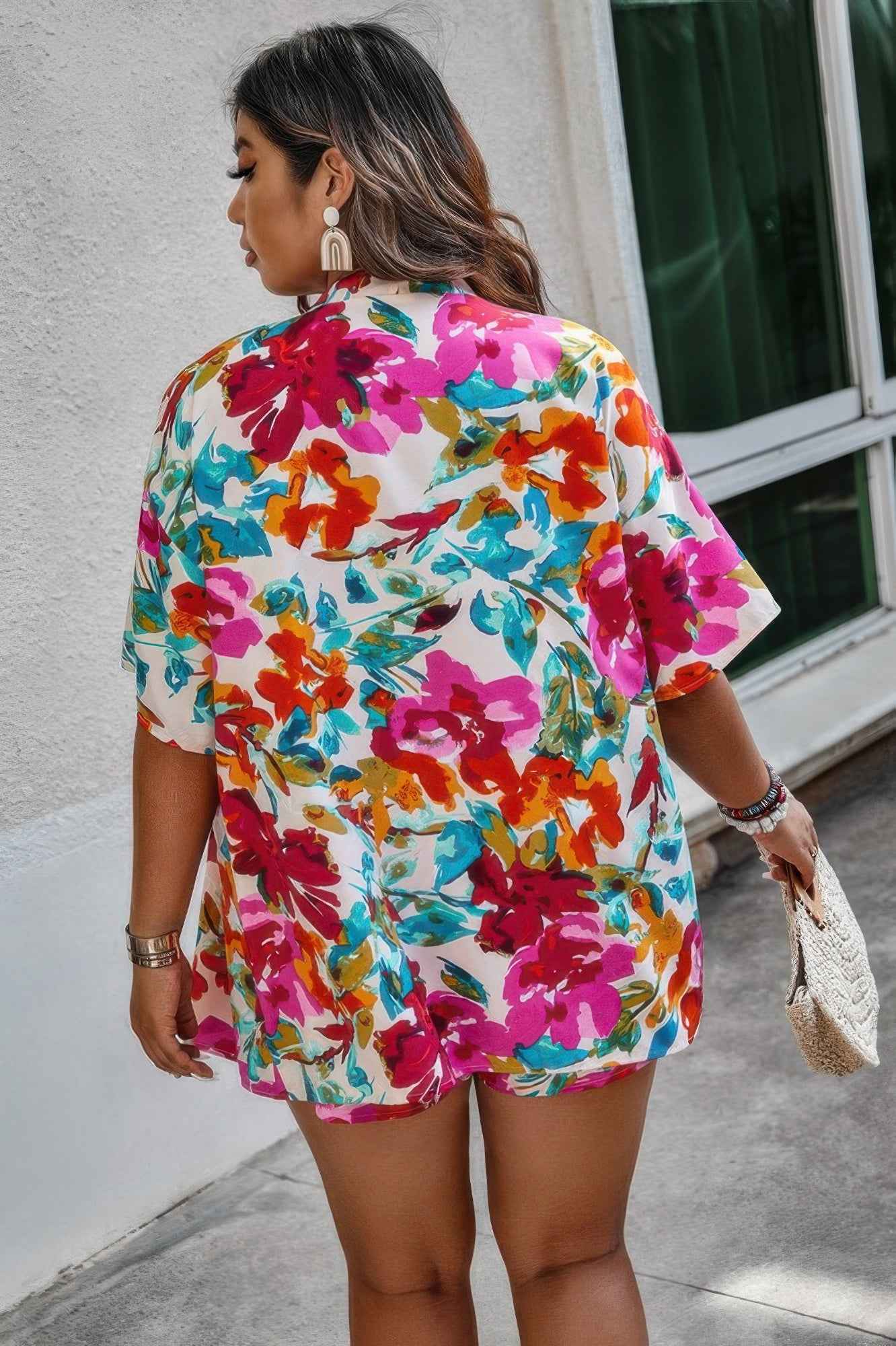 Plus Size Floral Print Open Front Shorts Sets