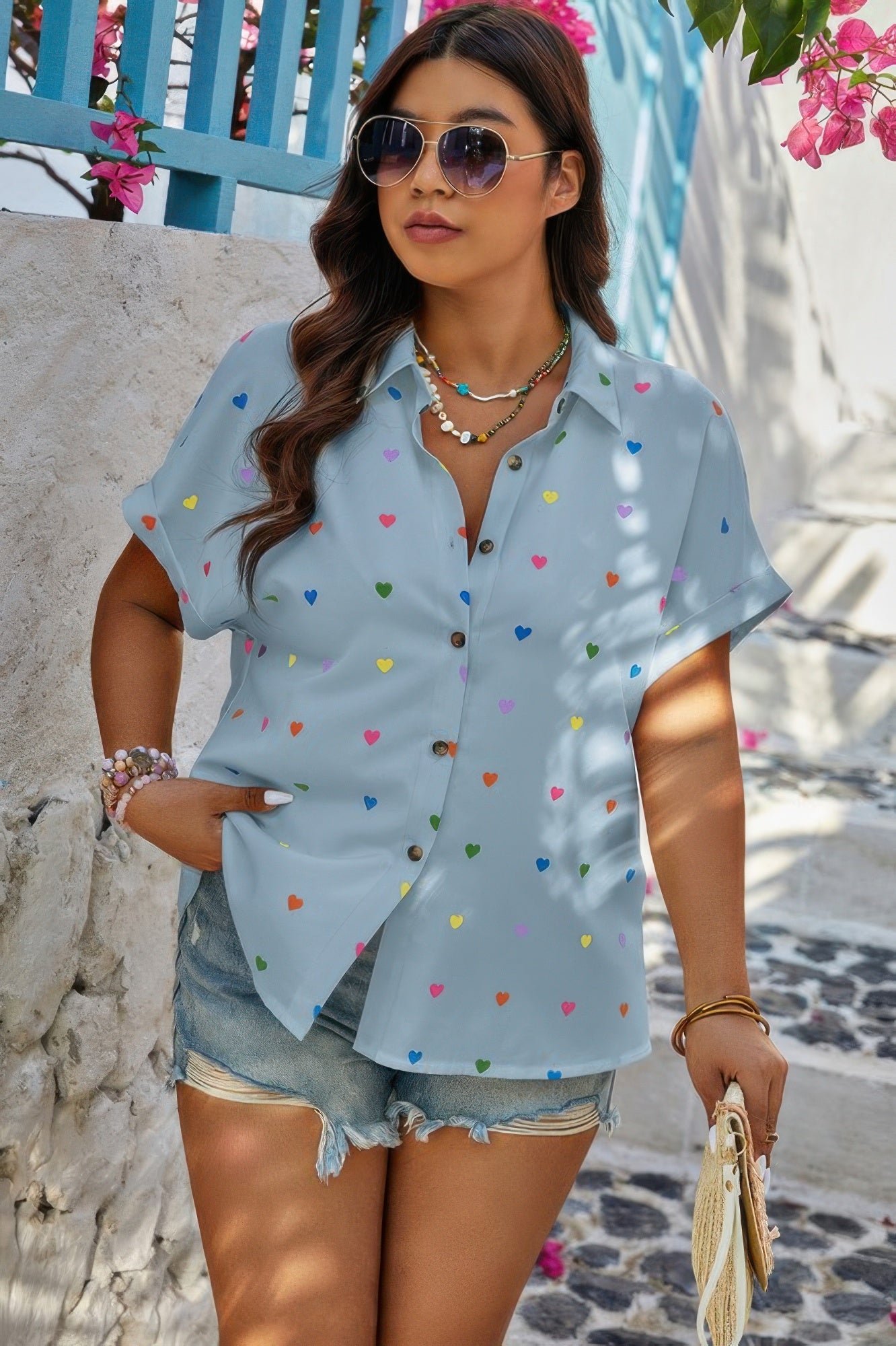 Plus Size Hearts Print Button Down Loose Blouse - It's a Girly Place
