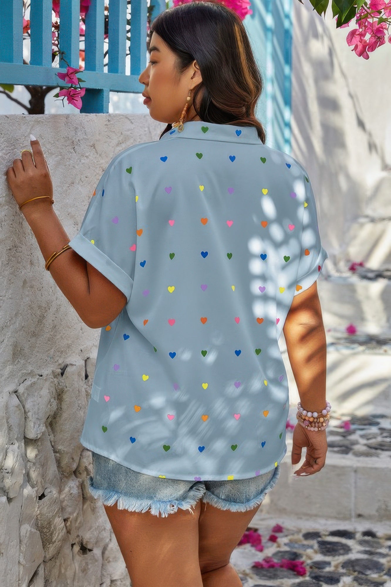 Plus Size Hearts Print Button Down Loose Blouse - It's a Girly Place