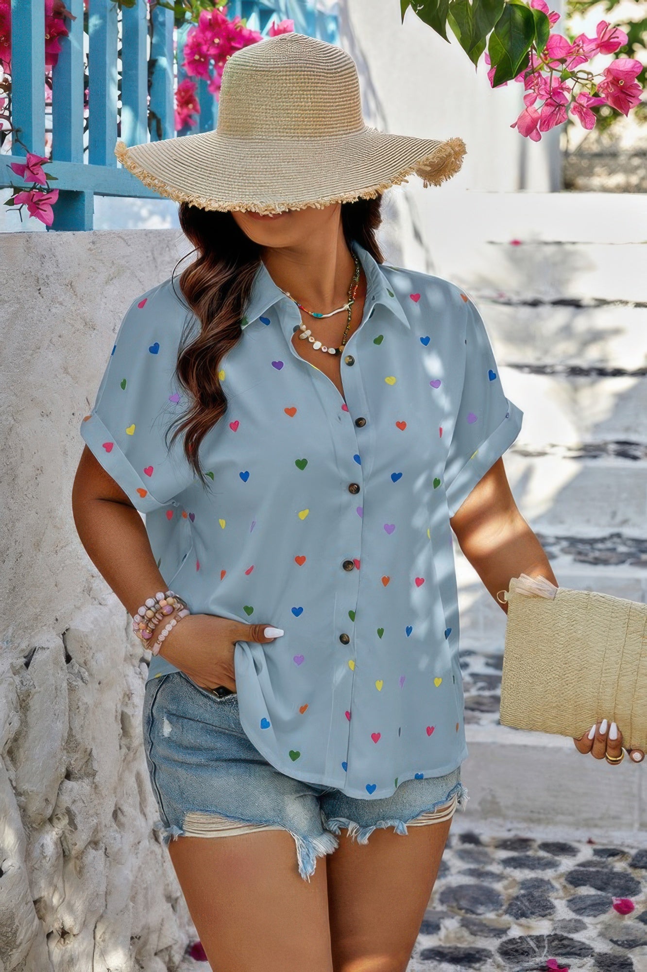 Plus Size Hearts Print Button Down Loose Blouse - It's a Girly Place