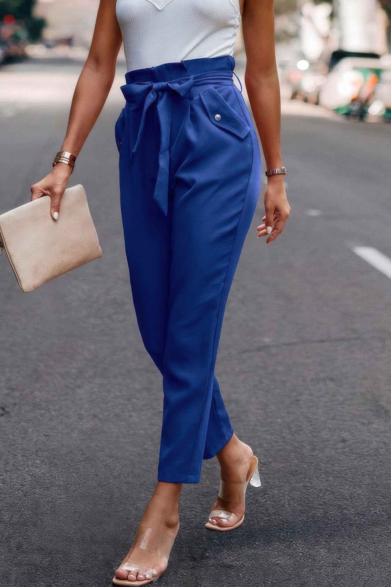 Ruffle Belt Pocket Solid Skinny Pants