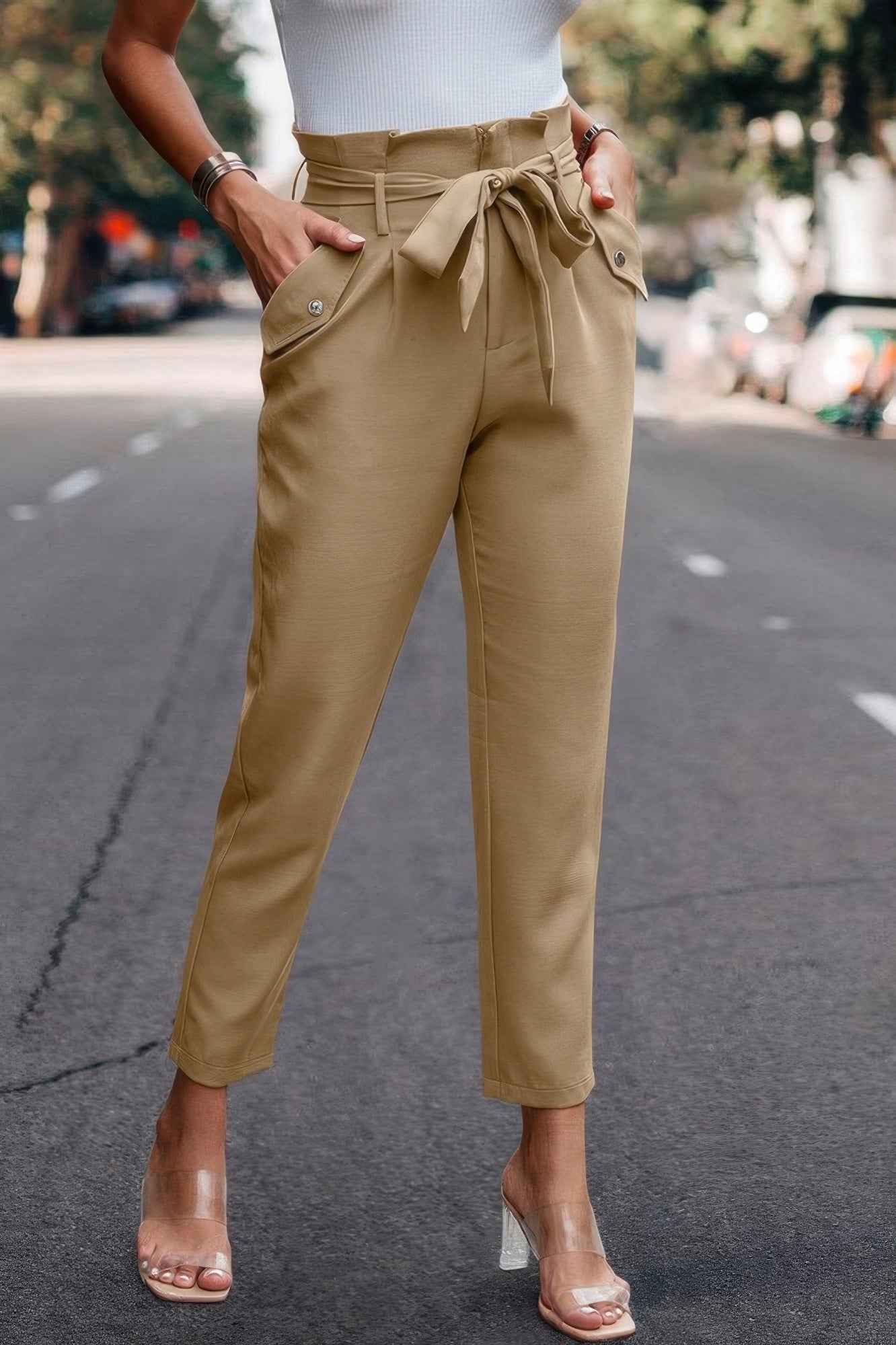 Ruffle Belt Pocket Solid Skinny Pants