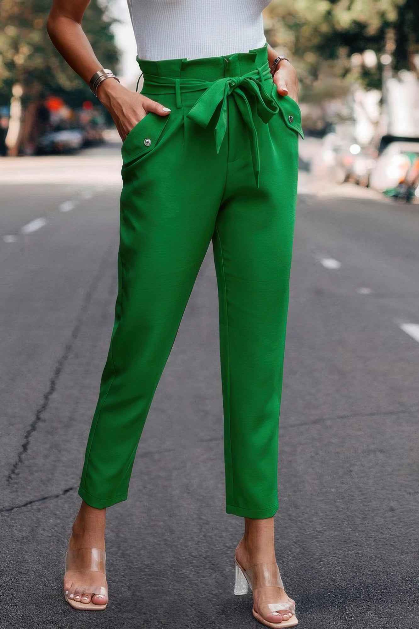 Ruffle Belt Pocket Solid Skinny Pants