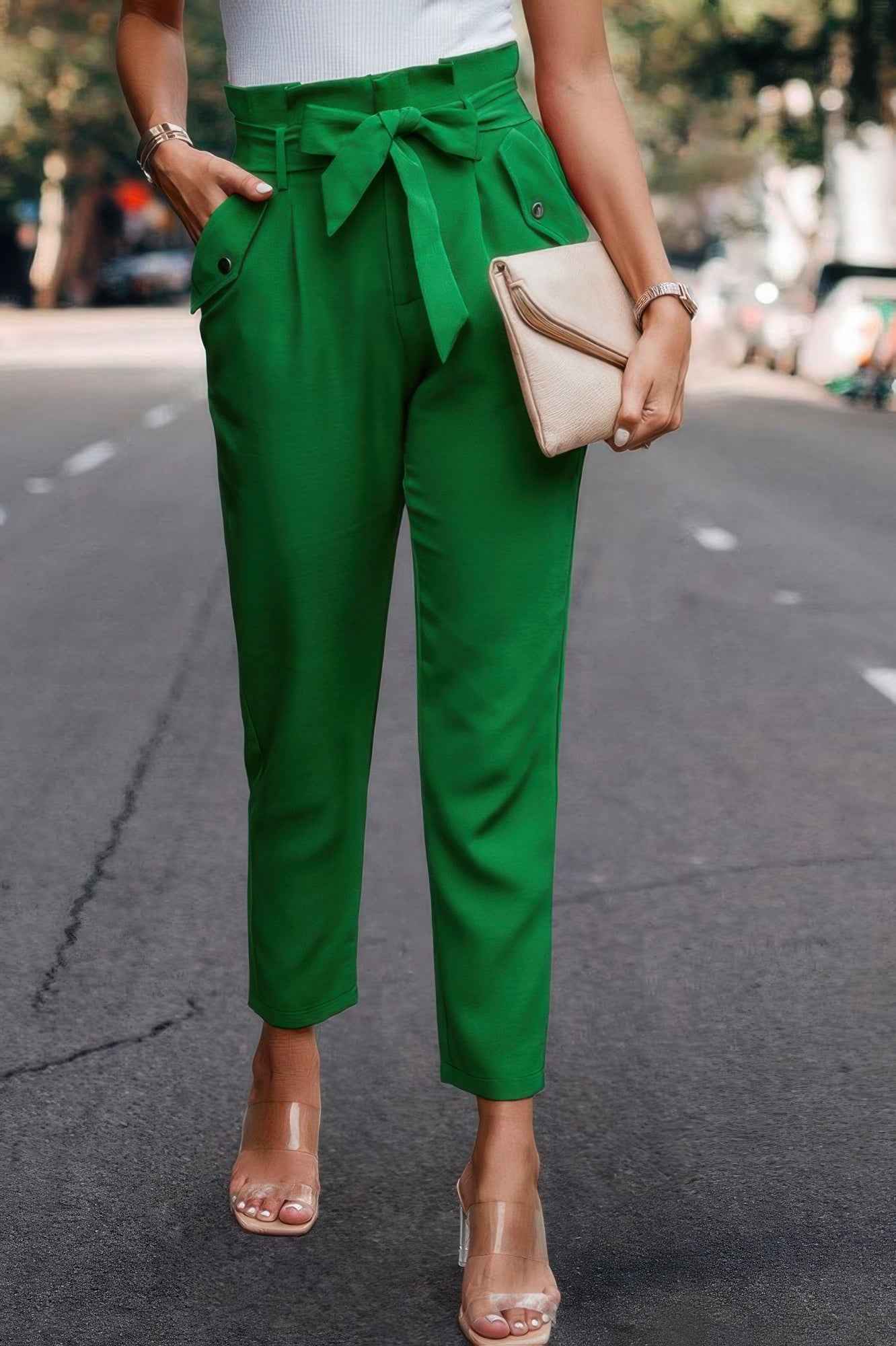 Ruffle Belt Pocket Solid Skinny Pants