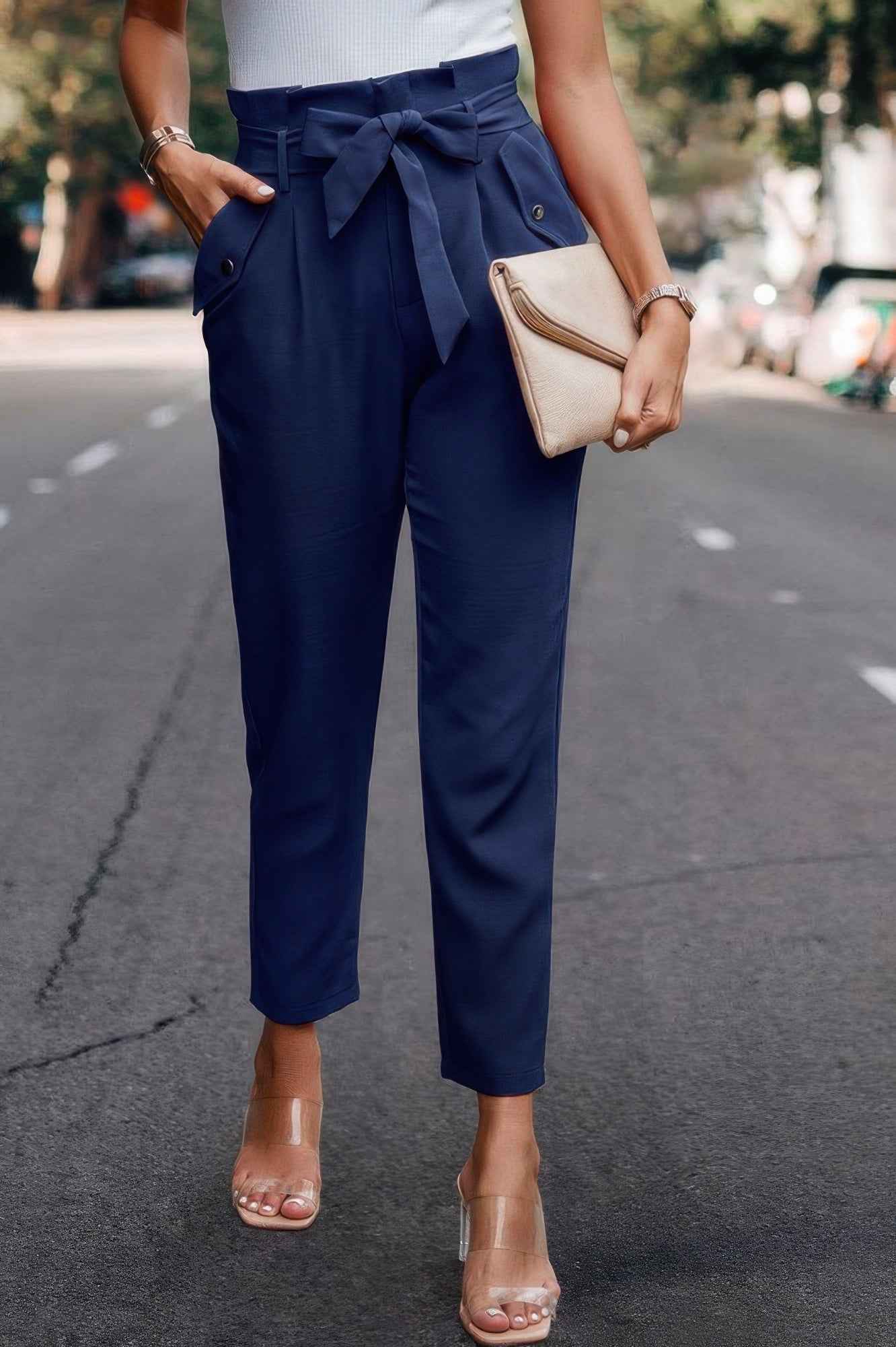 Ruffle Belt Pocket Solid Skinny Pants