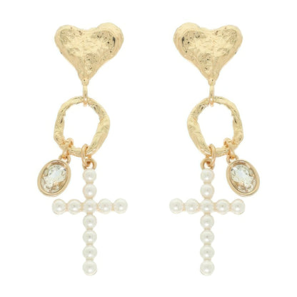 Jeweled Cross Heart Charm Earrings - It's a Girly Place