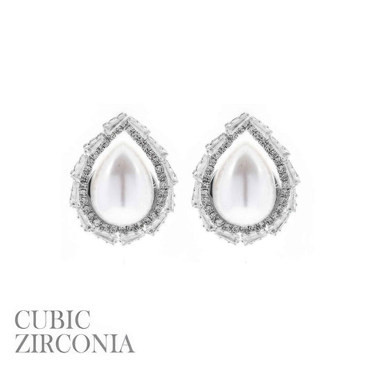 Cz Bezeled Drop-shaped Pearl Earrings
