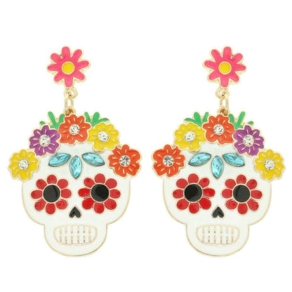 Floral Jeweled Enamel Sugar Skull Earrings