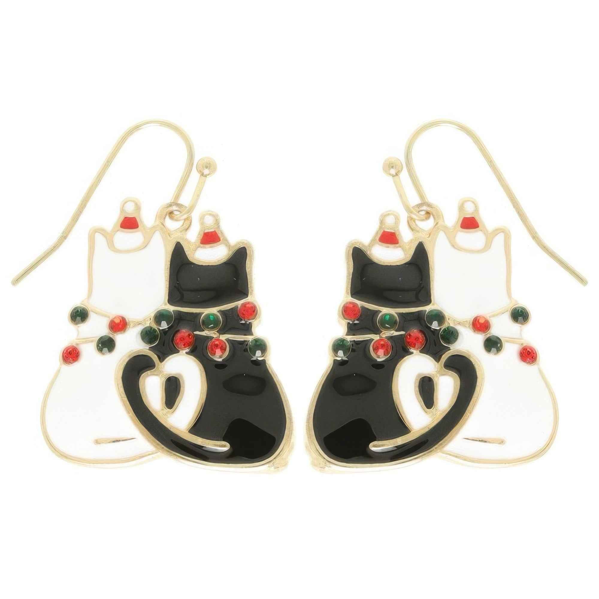 Christmas Enamel Cat Pair Dangle Earrings