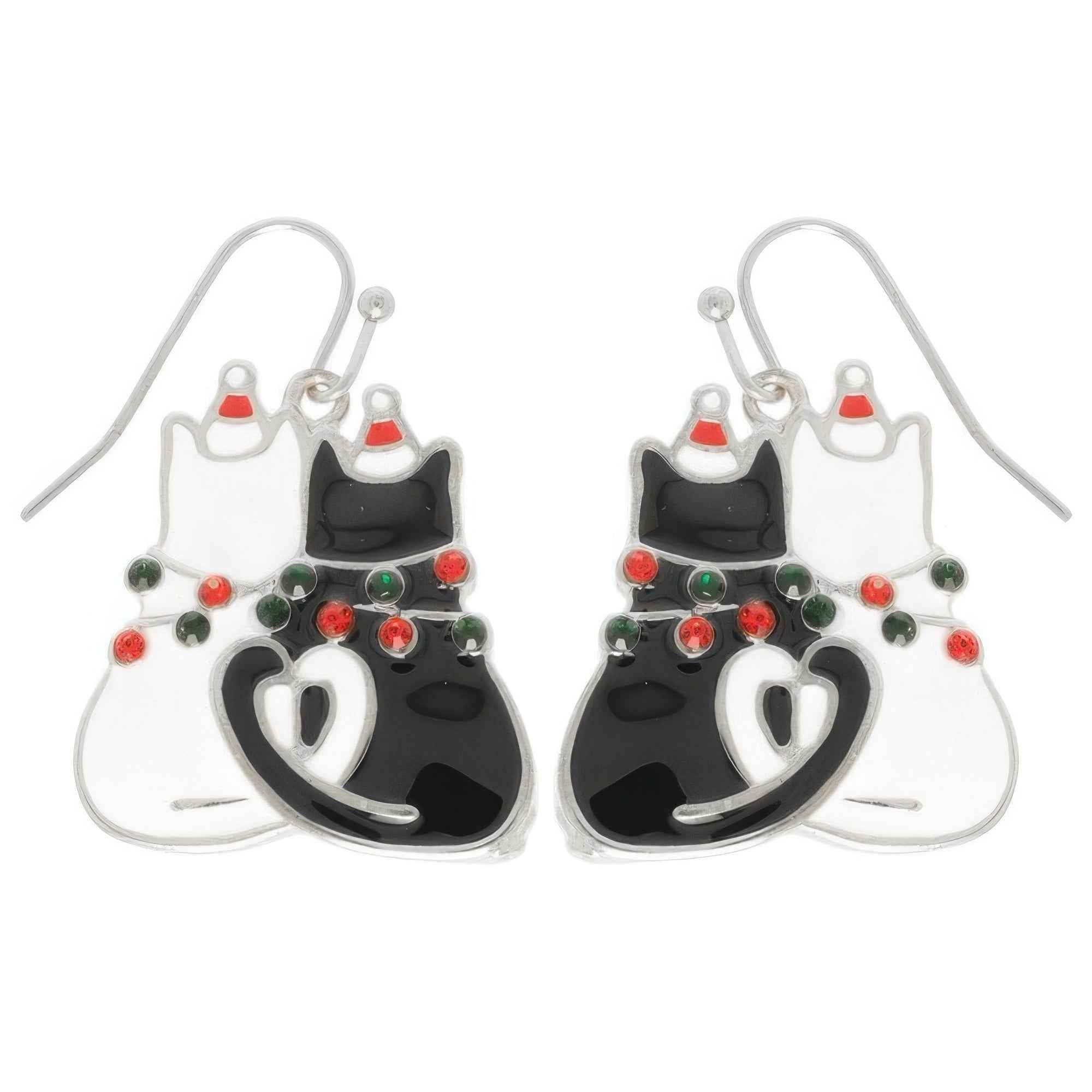 Christmas Enamel Cat Pair Dangle Earrings