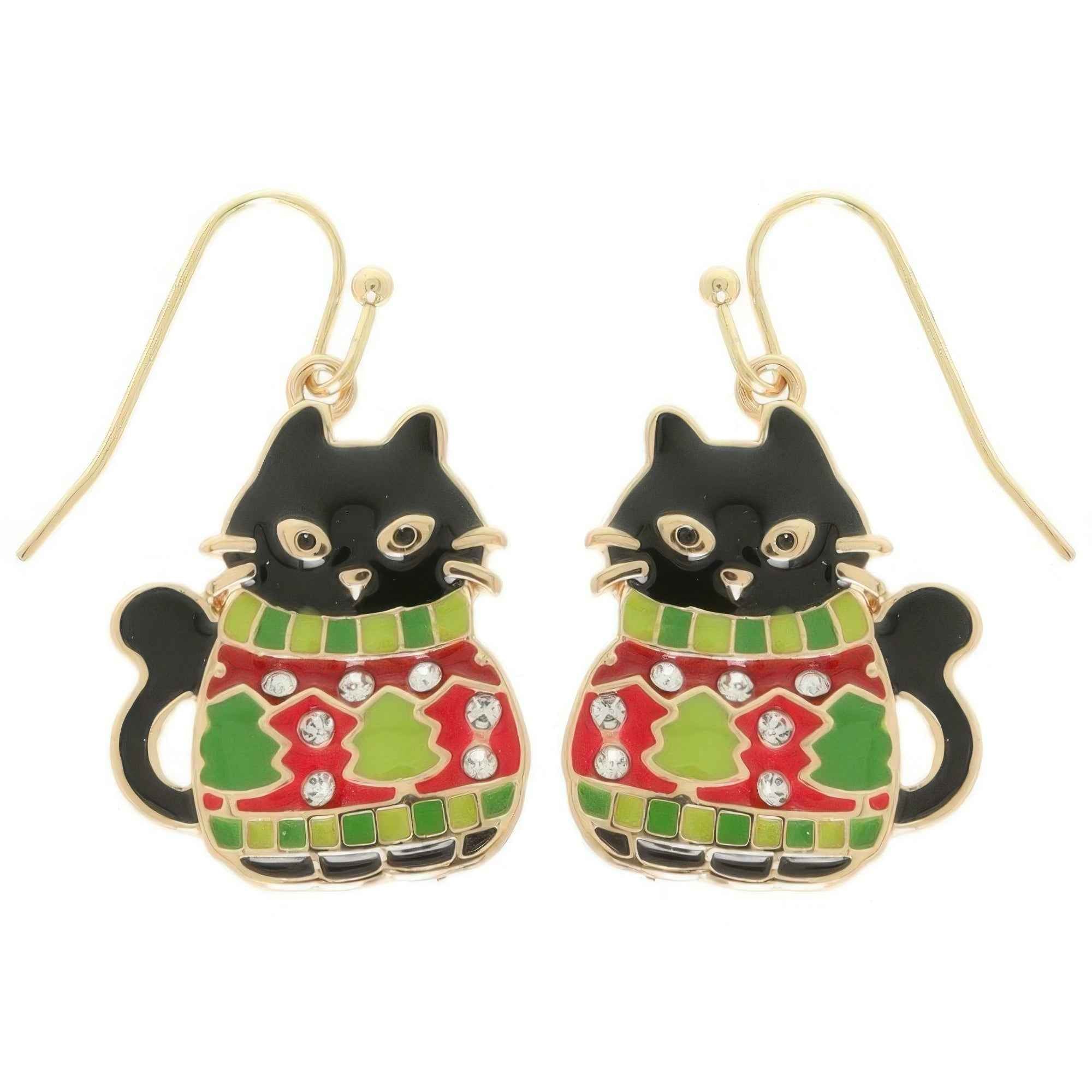 Christmas Enamel Cat In Ugly Sweater Earrings