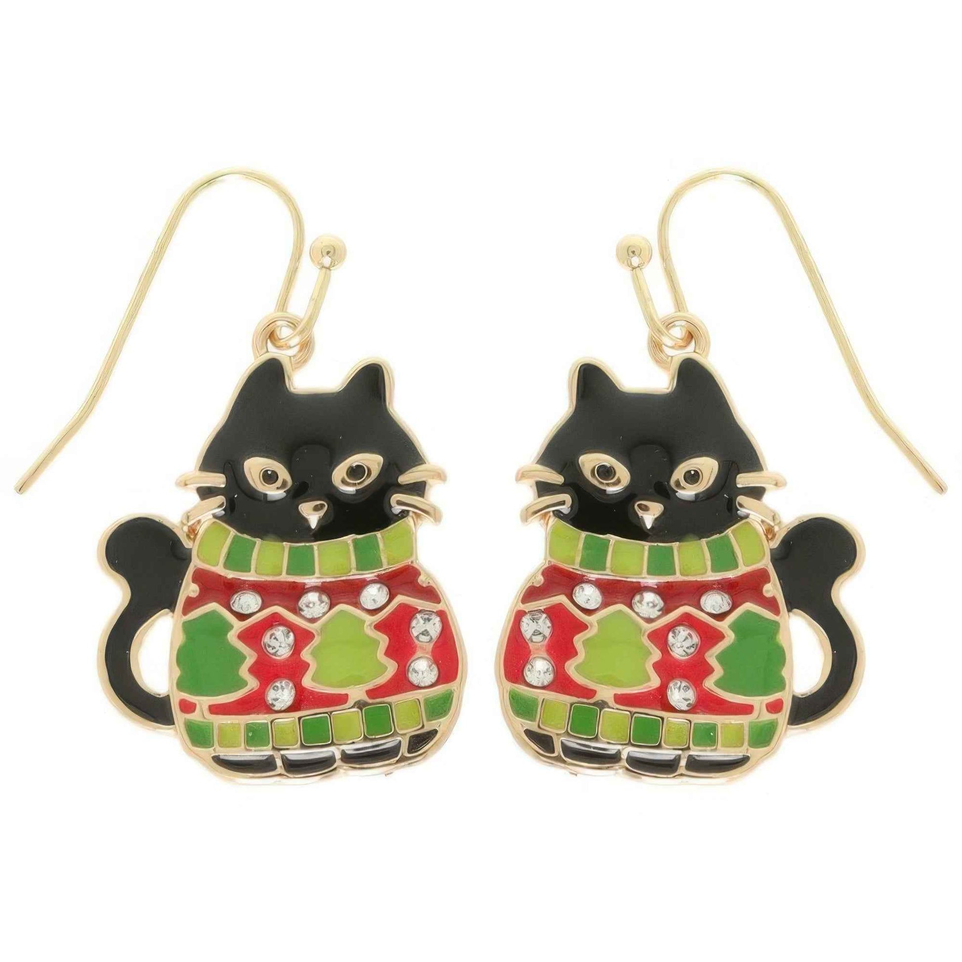 Christmas Enamel Cat In Ugly Sweater Earrings