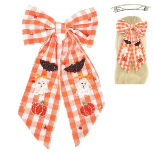 Halloween Gingham Theme Bow Ribbon Barrette Clip