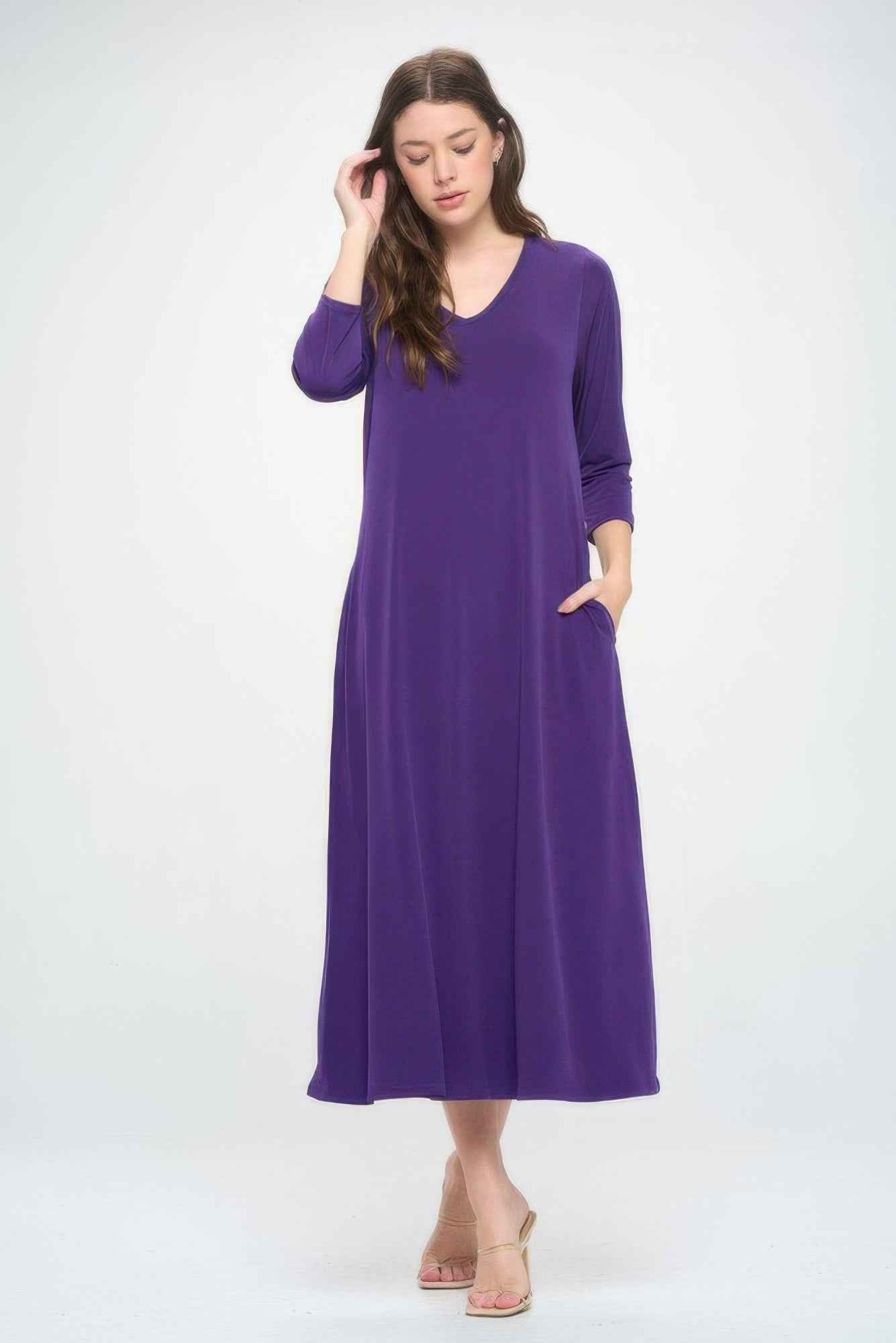 Hit V-neck Long Dress W/pocket