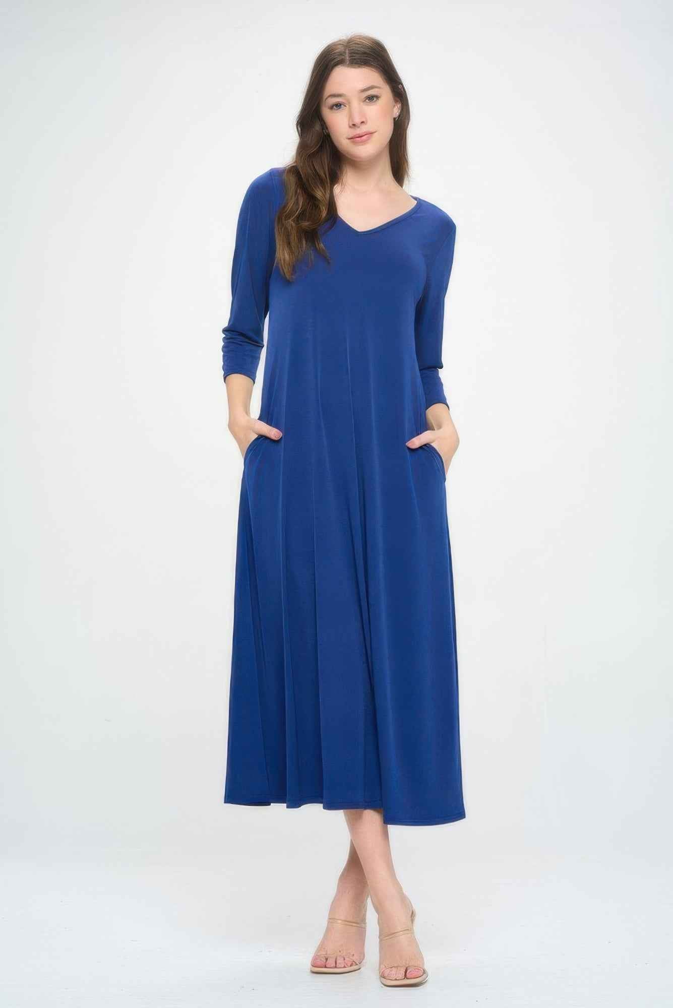 Hit V-neck Long Dress W/pocket