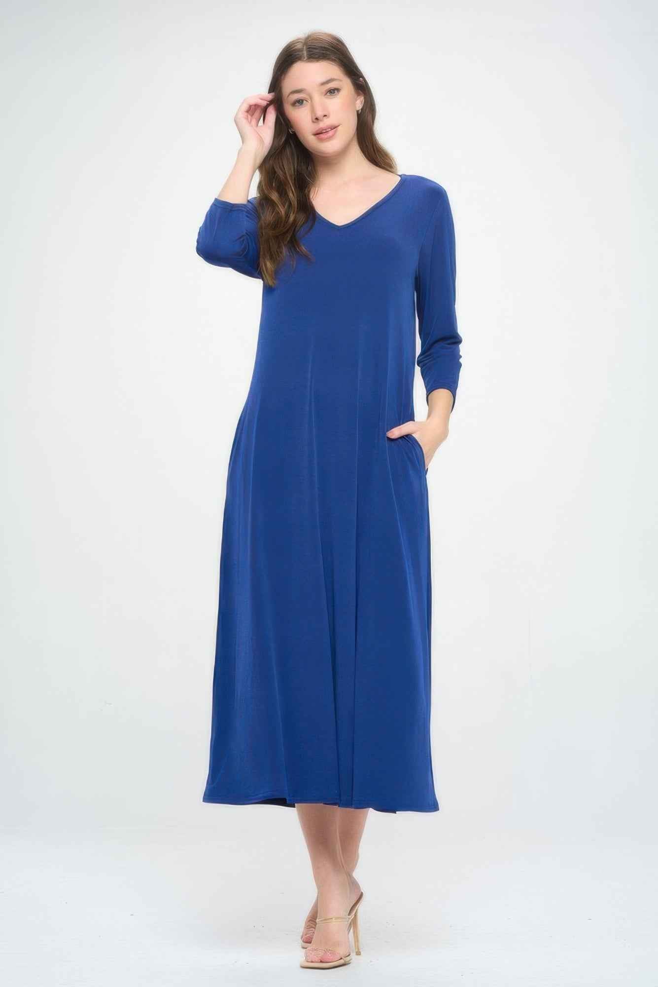 Hit V-neck Long Dress W/pocket