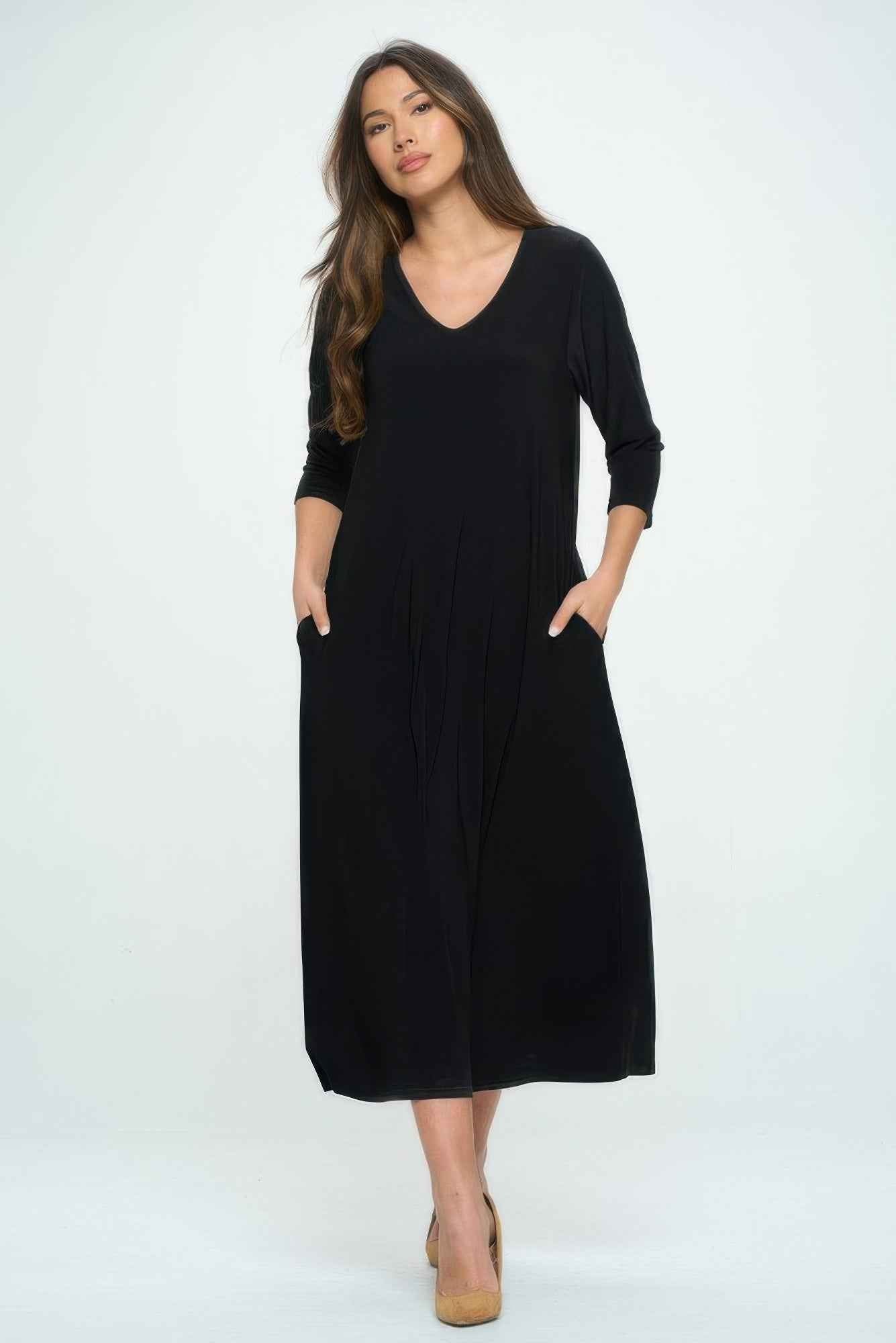 Hit V-neck Long Dress W/pocket