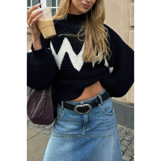 Mock Neck Contrast Binding Long Sleeve Sweater