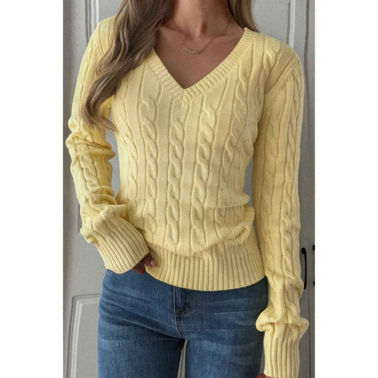 Cable Knit V Neck Long Sleeves Fit Sweater